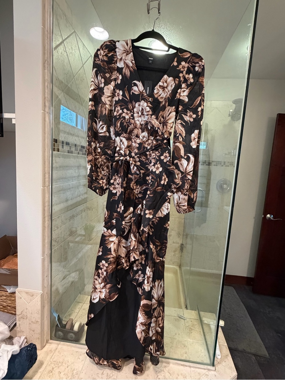 Express Black Maxi Dress with Cream Floral Print